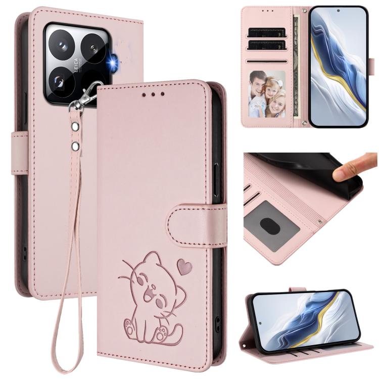 Embossed Heart Cat Leather Phone Case with Hand Strap, For Xiaomi 17 Max 5G, For Xiaomi 17T Pro 5G, For Xiaomi 15T Pro 5G, For Xiaomi 15T 5G, For Xiaomi Civi 5 Pro 5G, For Xiaomi 15S Pro 5G, For Xiaomi Poco F7 5G / Redmi Turbo 4 Pro 5G                 ...