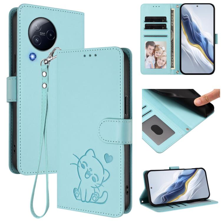 Embossed Heart Cat Leather Phone Case with Hand Strap, For Xiaomi Poco X6 Pro 5G / Redmi K70E 5G, For Xiaomi 14 Ultra 5G, For Xiaomi 14 Pro 5G, For Xiaomi 14 5G, For Xiaomi 13T / 13T Pro 5G, For Xiaomi 13 Ultra, For Xiaomi Civi 3 5G                    ...