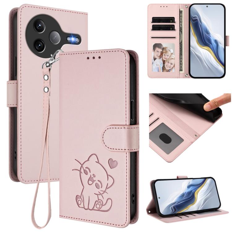 Embossed Heart Cat Leather Phone Case with Hand Strap, For Xiaomi 17 Max 5G, For Xiaomi 17T Pro 5G, For Xiaomi 15T Pro 5G, For Xiaomi 15T 5G, For Xiaomi Civi 5 Pro 5G, For Xiaomi 15S Pro 5G, For Xiaomi Poco F7 5G / Redmi Turbo 4 Pro 5G                 ...