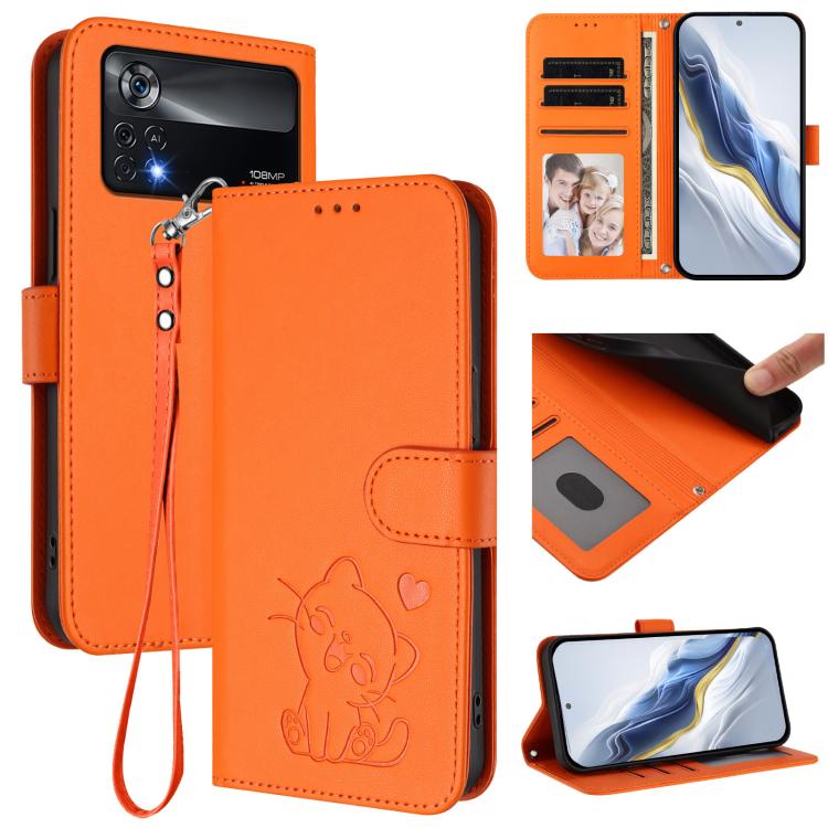 Embossed Heart Cat Leather Phone Case with Hand Strap, For Xiaomi 13 5G, For Xiaomi 12S Ultra, For Xiaomi 12 Pro / 12S Pro, For Xiaomi 12 5G / 12X 5G / 12S 5G, For Xiaomi 12 Lite, For Xiaomi Civi 1S, For Xiaomi Poco M4 Pro 4G, For Xiaomi Poco X4 Pro 5G