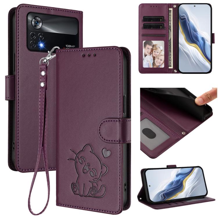 Embossed Heart Cat Leather Phone Case with Hand Strap, For Xiaomi 13 5G, For Xiaomi 12S Ultra, For Xiaomi 12 Pro / 12S Pro, For Xiaomi 12 5G / 12X 5G / 12S 5G, For Xiaomi 12 Lite, For Xiaomi Civi 1S, For Xiaomi Poco M4 Pro 4G, For Xiaomi Poco X4 Pro 5G
