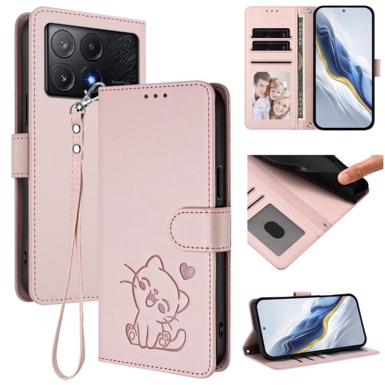 Embossed Heart Cat Leather Phone Case with Hand Strap, For Xiaomi Poco X6 Pro 5G / Redmi K70E 5G, For Xiaomi 14 Ultra 5G, For Xiaomi 14 Pro 5G, For Xiaomi 14 5G, For Xiaomi 13T / 13T Pro 5G, For Xiaomi 13 Ultra, For Xiaomi Civi 3 5G                    ...