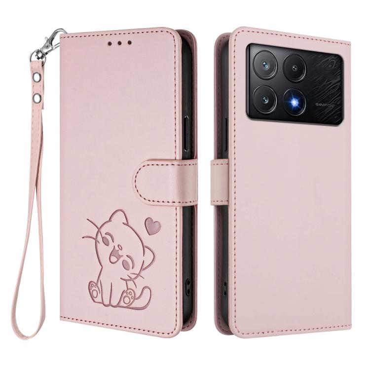 Embossed Heart Cat Leather Phone Case with Hand Strap, For Xiaomi Poco X6 Pro 5G / Redmi K70E 5G, For Xiaomi 14 Ultra 5G, For Xiaomi 14 Pro 5G, For Xiaomi 14 5G, For Xiaomi 13T / 13T Pro 5G, For Xiaomi 13 Ultra, For Xiaomi Civi 3 5G                    ...