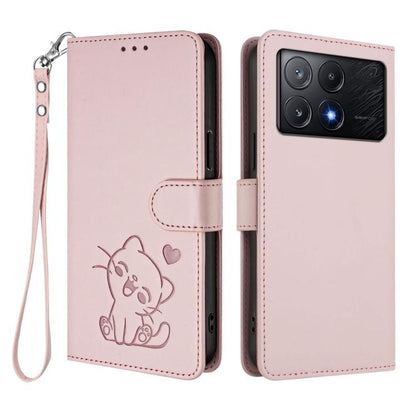 Embossed Heart Cat Leather Phone Case with Hand Strap, For Xiaomi Poco X6 Pro 5G / Redmi K70E 5G, For Xiaomi 14 Ultra 5G, For Xiaomi 14 Pro 5G, For Xiaomi 14 5G, For Xiaomi 13T / 13T Pro 5G, For Xiaomi 13 Ultra, For Xiaomi Civi 3 5G                    ...