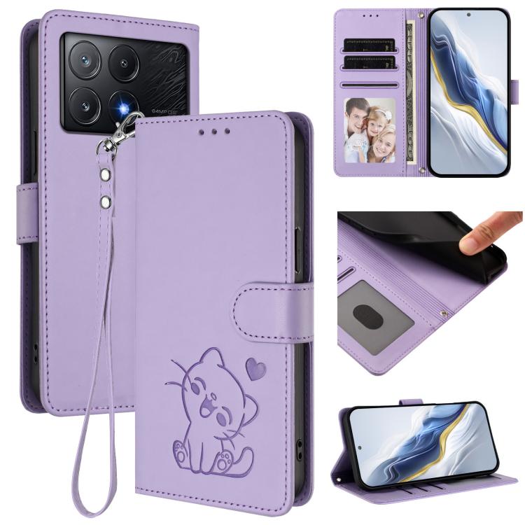 Embossed Heart Cat Leather Phone Case with Hand Strap, For Xiaomi Poco X6 Pro 5G / Redmi K70E 5G, For Xiaomi 14 Ultra 5G, For Xiaomi 14 Pro 5G, For Xiaomi 14 5G, For Xiaomi 13T / 13T Pro 5G, For Xiaomi 13 Ultra, For Xiaomi Civi 3 5G                    ...