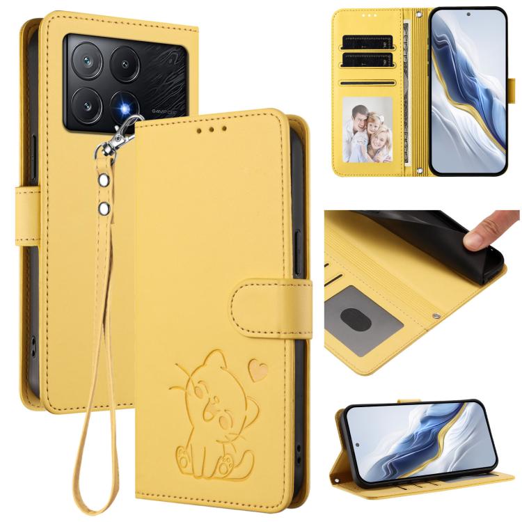 Embossed Heart Cat Leather Phone Case with Hand Strap, For Xiaomi Poco X6 Pro 5G / Redmi K70E 5G, For Xiaomi 14 Ultra 5G, For Xiaomi 14 Pro 5G, For Xiaomi 14 5G, For Xiaomi 13T / 13T Pro 5G, For Xiaomi 13 Ultra, For Xiaomi Civi 3 5G                    ...