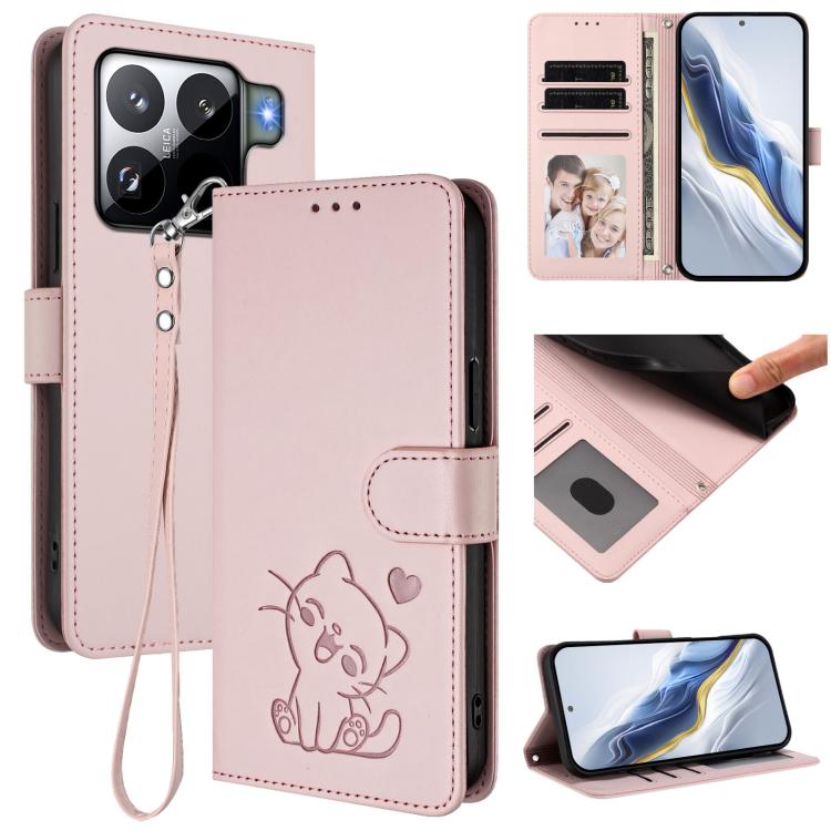 Embossed Heart Cat Leather Phone Case with Hand Strap, For Xiaomi 17 Max 5G, For Xiaomi 17T Pro 5G, For Xiaomi 15T Pro 5G, For Xiaomi 15T 5G, For Xiaomi Civi 5 Pro 5G, For Xiaomi 15S Pro 5G, For Xiaomi Poco F7 5G / Redmi Turbo 4 Pro 5G                 ...