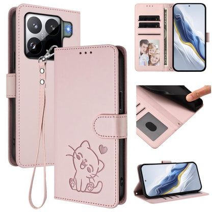 Embossed Heart Cat Leather Phone Case with Hand Strap, For Xiaomi 17 Max 5G, For Xiaomi 17T Pro 5G, For Xiaomi 15T Pro 5G, For Xiaomi 15T 5G, For Xiaomi Civi 5 Pro 5G, For Xiaomi 15S Pro 5G, For Xiaomi Poco F7 5G / Redmi Turbo 4 Pro 5G                 ...