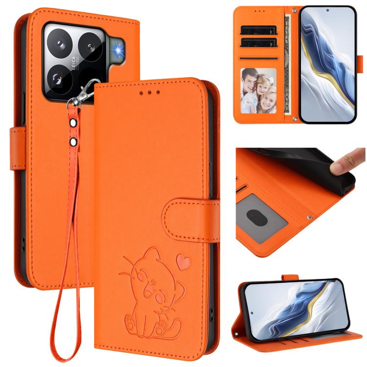 Embossed Heart Cat Leather Phone Case with Hand Strap, For Xiaomi 17 Max 5G, For Xiaomi 17T Pro 5G, For Xiaomi 15T Pro 5G, For Xiaomi 15T 5G, For Xiaomi Civi 5 Pro 5G, For Xiaomi 15S Pro 5G, For Xiaomi Poco F7 5G / Redmi Turbo 4 Pro 5G                 ...