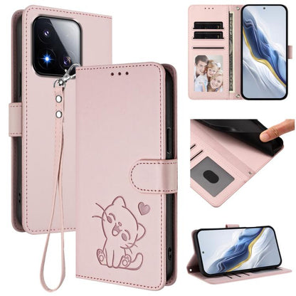 Embossed Heart Cat Leather Phone Case with Hand Strap, For Xiaomi 17 Max 5G, For Xiaomi 17T Pro 5G, For Xiaomi 15T Pro 5G, For Xiaomi 15T 5G, For Xiaomi Civi 5 Pro 5G, For Xiaomi 15S Pro 5G, For Xiaomi Poco F7 5G / Redmi Turbo 4 Pro 5G                 ...