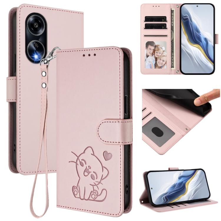 Embossed Heart Cat Leather Phone Case with Hand Strap, For OPPO A58 4G Global, For OPPO Reno10 / Reno10 Pro 5G Global, For OPPO A78 4G Global, For OPPO A98 5G / F23 5G India, For OPPO Find X8 Pro 5G, For OPPO A78 5G Global / A1x 5G                     ...
