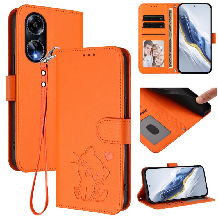 Embossed Heart Cat Leather Phone Case with Hand Strap, For OPPO A58 4G Global, For OPPO Reno10 / Reno10 Pro 5G Global, For OPPO A78 4G Global, For OPPO A98 5G / F23 5G India, For OPPO Find X8 Pro 5G, For OPPO A78 5G Global / A1x 5G                     ...