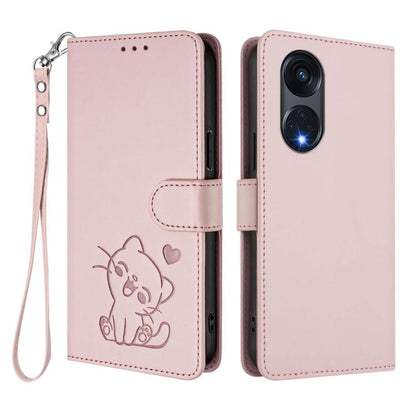 Embossed Heart Cat Leather Phone Case with Hand Strap, For OPPO Reno8 T 5G Global / A1 Pro 5G, For OPPO Reno8 4G / Reno7 4G Global, For OPPO A57 / A77 / A57s 4G Global, For OPPO Reno9 / Reno9 Pro 5G, For OPPO A17 4G Global / A17k                       ...