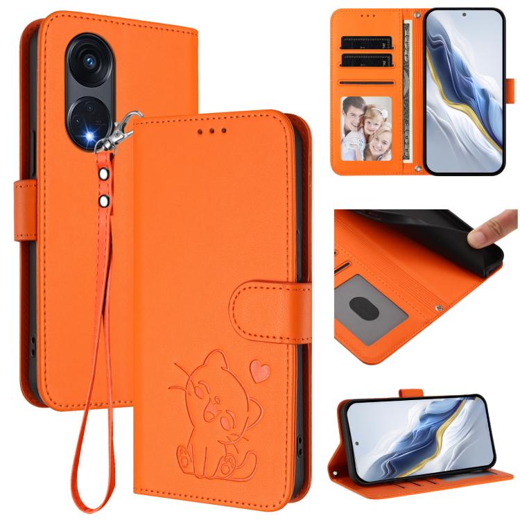 Embossed Heart Cat Leather Phone Case with Hand Strap, For OPPO Reno8 T 5G Global / A1 Pro 5G, For OPPO Reno8 4G / Reno7 4G Global, For OPPO A57 / A77 / A57s 4G Global, For OPPO Reno9 / Reno9 Pro 5G, For OPPO A17 4G Global / A17k                       ...