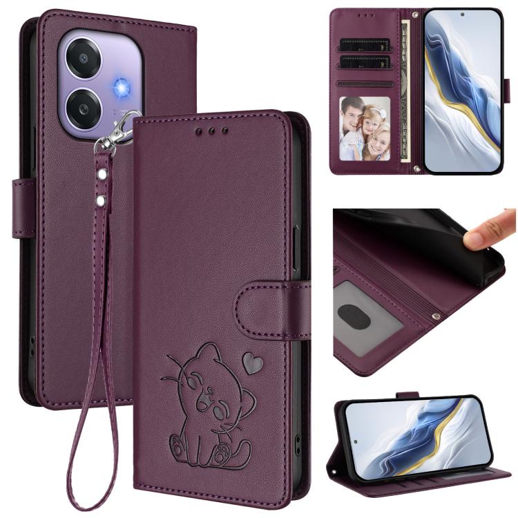 Embossed Heart Cat Leather Phone Case with Hand Strap, For OPPO Reno13 Pro 5G Global, For OPPO Reno13 5G Global, For OPPO Reno13 F 5G Global / 4G India, For OPPO A3x / A3 / A60 5G Global, For OPPO Find X8 5G, For OPPO A80 5G EU / K12x 5G Global        ...