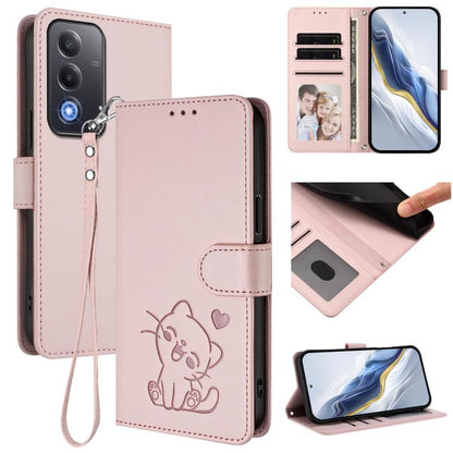 Embossed Heart Cat Leather Phone Case with Hand Strap, For OPPO A5x 5G / 4G Global, For OPPO A5 5G / A3 Pro 5G Global, For OPPO Reno14 Pro 5G, For OPPO Find X8s+ 5G, For OPPO Find X8s 5G, For OPPO Find X8 Ultra 5G, For OPPO A5 Pro 5G / 4G Global       ...