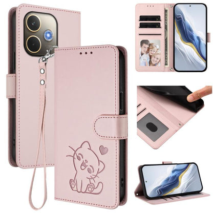 Embossed Heart Cat Leather Phone Case with Hand Strap, For OPPO A5x 5G / 4G Global, For OPPO A5 5G / A3 Pro 5G Global, For OPPO Reno14 Pro 5G, For OPPO Find X8s+ 5G, For OPPO Find X8s 5G, For OPPO Find X8 Ultra 5G, For OPPO A5 Pro 5G / 4G Global       ...