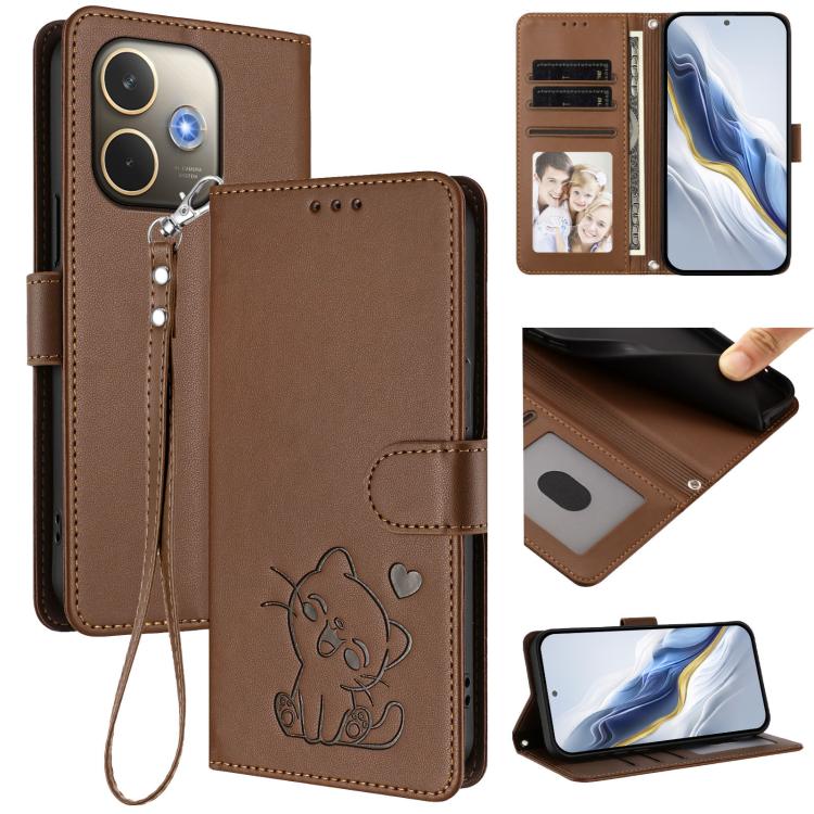 Embossed Heart Cat Leather Phone Case with Hand Strap, For OPPO A5x 5G / 4G Global, For OPPO A5 5G / A3 Pro 5G Global, For OPPO Reno14 Pro 5G, For OPPO Find X8s+ 5G, For OPPO Find X8s 5G, For OPPO Find X8 Ultra 5G, For OPPO A5 Pro 5G / 4G Global       ...