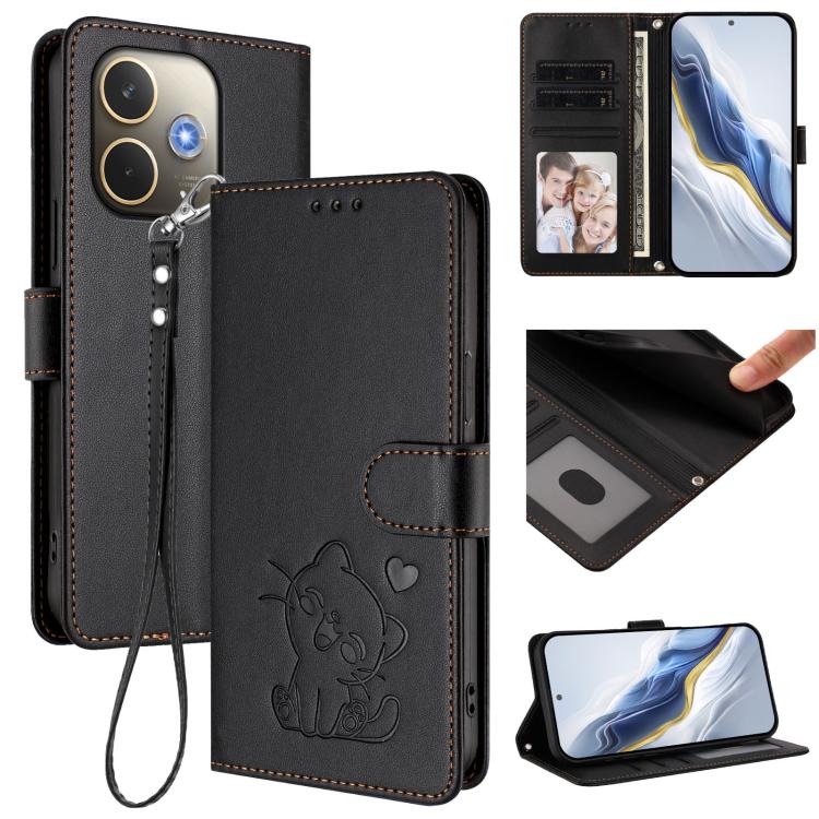 Embossed Heart Cat Leather Phone Case with Hand Strap, For OPPO A5x 5G / 4G Global, For OPPO A5 5G / A3 Pro 5G Global, For OPPO Reno14 Pro 5G, For OPPO Find X8s+ 5G, For OPPO Find X8s 5G, For OPPO Find X8 Ultra 5G, For OPPO A5 Pro 5G / 4G Global       ...