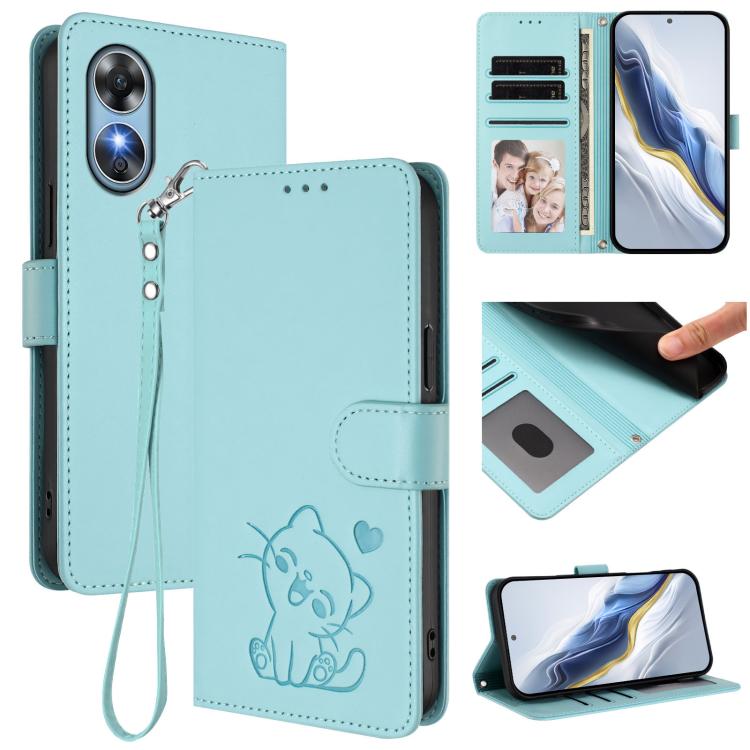 Embossed Heart Cat Leather Phone Case with Hand Strap, For OPPO Reno8 T 5G Global / A1 Pro 5G, For OPPO Reno8 4G / Reno7 4G Global, For OPPO A57 / A77 / A57s 4G Global, For OPPO Reno9 / Reno9 Pro 5G, For OPPO A17 4G Global / A17k                       ...