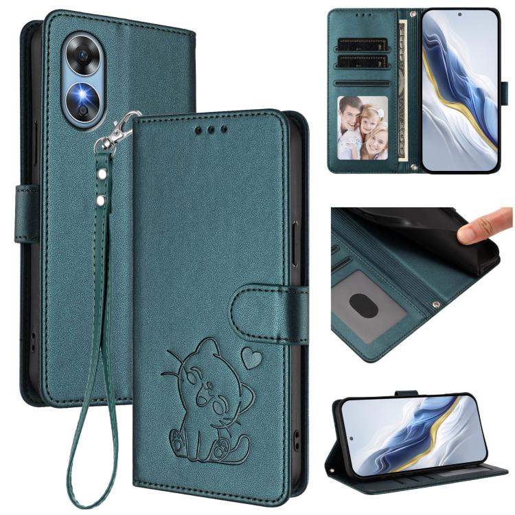 Embossed Heart Cat Leather Phone Case with Hand Strap, For OPPO Reno8 T 5G Global / A1 Pro 5G, For OPPO Reno8 4G / Reno7 4G Global, For OPPO A57 / A77 / A57s 4G Global, For OPPO Reno9 / Reno9 Pro 5G, For OPPO A17 4G Global / A17k                       ...