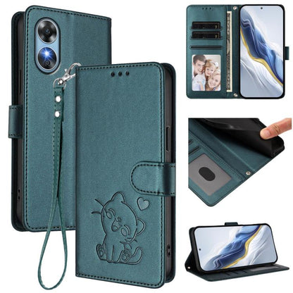 Embossed Heart Cat Leather Phone Case with Hand Strap, For OPPO Reno8 T 5G Global / A1 Pro 5G, For OPPO Reno8 4G / Reno7 4G Global, For OPPO A57 / A77 / A57s 4G Global, For OPPO Reno9 / Reno9 Pro 5G, For OPPO A17 4G Global / A17k                       ...