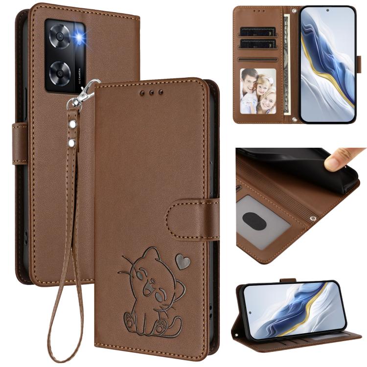 Embossed Heart Cat Leather Phone Case with Hand Strap, For OPPO Reno8 T 5G Global / A1 Pro 5G, For OPPO Reno8 4G / Reno7 4G Global, For OPPO A57 / A77 / A57s 4G Global, For OPPO Reno9 / Reno9 Pro 5G, For OPPO A17 4G Global / A17k                       ...