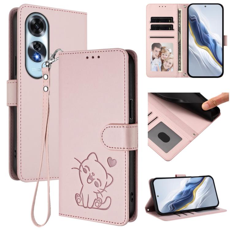 Embossed Heart Cat Leather Phone Case with Hand Strap, For OPPO A2 Pro 5G / F27 Pro 5G, For OPPO A60 4G Global, For OPPO Reno11 F 5G Global, For OPPO Find X7, For OPPO Reno11 5G Global, For OPPO Reno11 Pro 5G Global, For OPPO Find X7 Ultra             ...