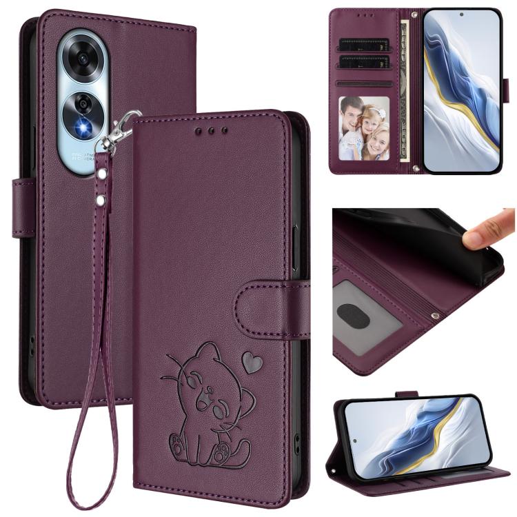 Embossed Heart Cat Leather Phone Case with Hand Strap, For OPPO A2 Pro 5G / F27 Pro 5G, For OPPO A60 4G Global, For OPPO Reno11 F 5G Global, For OPPO Find X7, For OPPO Reno11 5G Global, For OPPO Reno11 Pro 5G Global, For OPPO Find X7 Ultra             ...