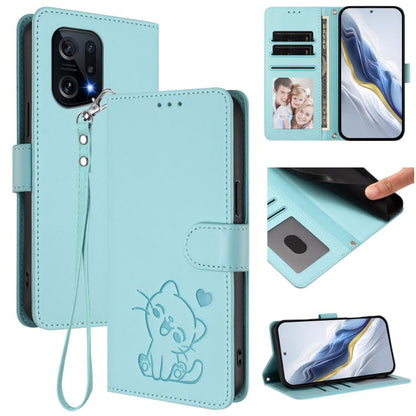 Embossed Heart Cat Leather Phone Case with Hand Strap, For OPPO Find X5 Pro, For OPPO Find X5, For OPPO Reno7 5G Global / Find X5 Lite