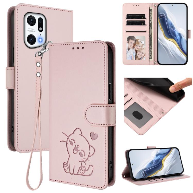 Embossed Heart Cat Leather Phone Case with Hand Strap, For OPPO Find X5 Pro, For OPPO Find X5, For OPPO Reno7 5G Global / Find X5 Lite