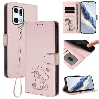 Embossed Heart Cat Leather Phone Case with Hand Strap, For OPPO Find X5 Pro, For OPPO Find X5, For OPPO Reno7 5G Global / Find X5 Lite