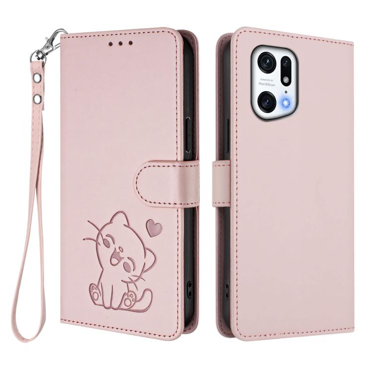 Embossed Heart Cat Leather Phone Case with Hand Strap, For OPPO Find X5 Pro, For OPPO Find X5, For OPPO Reno7 5G Global / Find X5 Lite