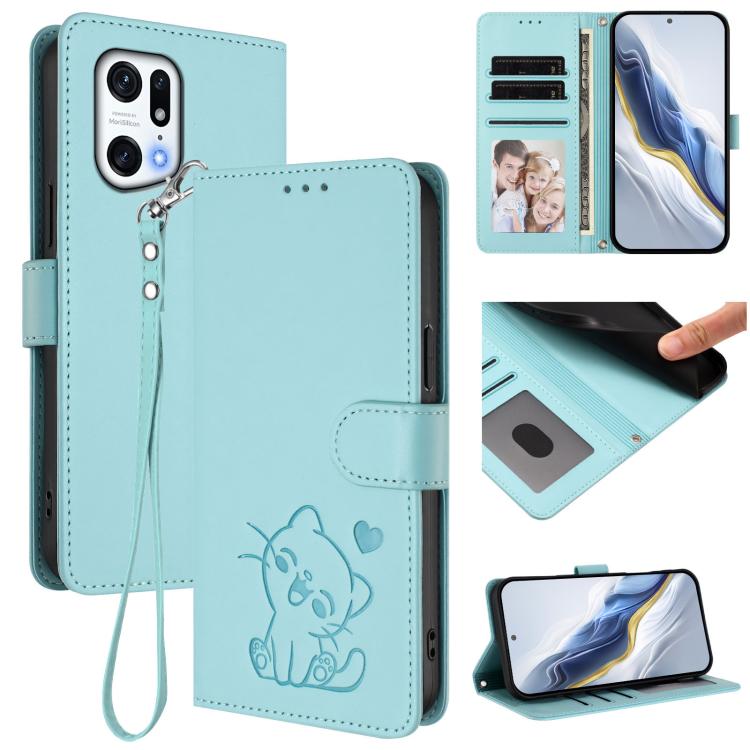 Embossed Heart Cat Leather Phone Case with Hand Strap, For OPPO Find X5 Pro, For OPPO Find X5, For OPPO Reno7 5G Global / Find X5 Lite