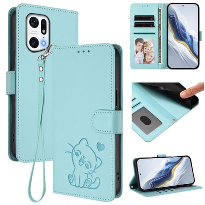 Embossed Heart Cat Leather Phone Case with Hand Strap, For OPPO Find X5 Pro, For OPPO Find X5, For OPPO Reno7 5G Global / Find X5 Lite