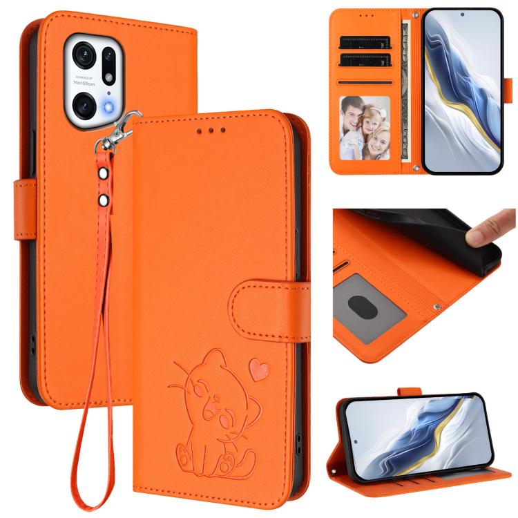 Embossed Heart Cat Leather Phone Case with Hand Strap, For OPPO Find X5 Pro, For OPPO Find X5, For OPPO Reno7 5G Global / Find X5 Lite