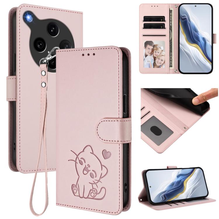 Embossed Heart Cat Leather Phone Case with Hand Strap, For OPPO A5x 5G / 4G Global, For OPPO A5 5G / A3 Pro 5G Global, For OPPO Reno14 Pro 5G, For OPPO Find X8s+ 5G, For OPPO Find X8s 5G, For OPPO Find X8 Ultra 5G, For OPPO A5 Pro 5G / 4G Global       ...
