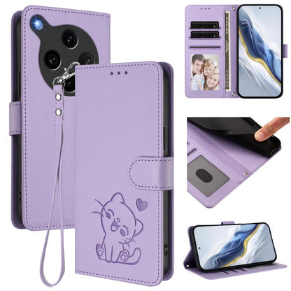 Embossed Heart Cat Leather Phone Case with Hand Strap, For OPPO A5x 5G / 4G Global, For OPPO A5 5G / A3 Pro 5G Global, For OPPO Reno14 Pro 5G, For OPPO Find X8s+ 5G, For OPPO Find X8s 5G, For OPPO Find X8 Ultra 5G, For OPPO A5 Pro 5G / 4G Global       ...