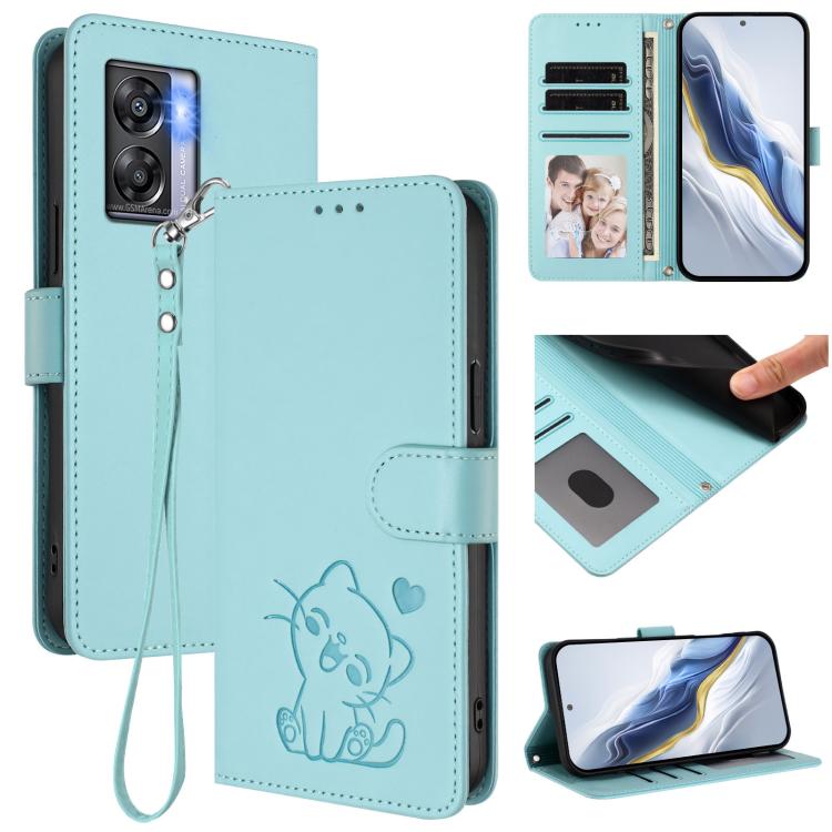 Embossed Heart Cat Leather Phone Case with Hand Strap, For OPPO Reno8 T 5G Global / A1 Pro 5G, For OPPO Reno8 4G / Reno7 4G Global, For OPPO A57 / A77 / A57s 4G Global, For OPPO Reno9 / Reno9 Pro 5G, For OPPO A17 4G Global / A17k                       ...