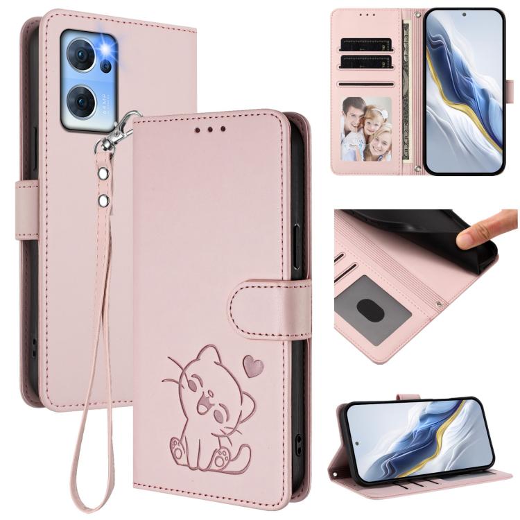Embossed Heart Cat Leather Phone Case with Hand Strap, For OPPO Find X5 Pro, For OPPO Find X5, For OPPO Reno7 5G Global / Find X5 Lite