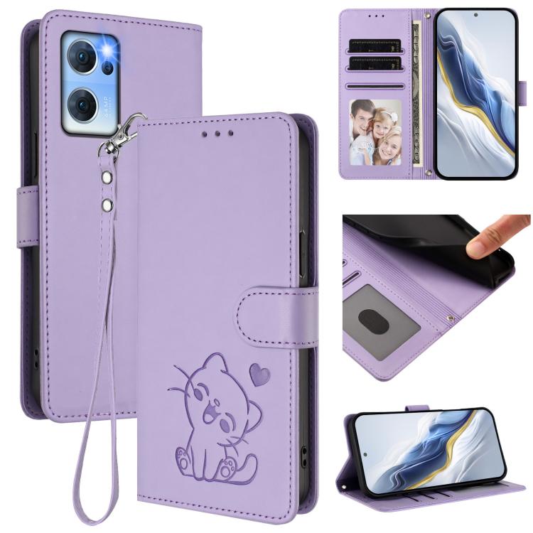 Embossed Heart Cat Leather Phone Case with Hand Strap, For OPPO Find X5 Pro, For OPPO Find X5, For OPPO Reno7 5G Global / Find X5 Lite