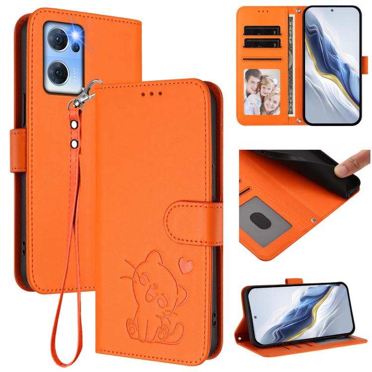 Embossed Heart Cat Leather Phone Case with Hand Strap, For OPPO Find X5 Pro, For OPPO Find X5, For OPPO Reno7 5G Global / Find X5 Lite