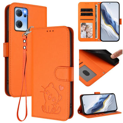 Embossed Heart Cat Leather Phone Case with Hand Strap, For OPPO Find X5 Pro, For OPPO Find X5, For OPPO Reno7 5G Global / Find X5 Lite