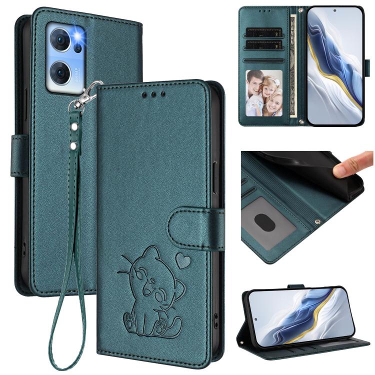 Embossed Heart Cat Leather Phone Case with Hand Strap, For OPPO Find X5 Pro, For OPPO Find X5, For OPPO Reno7 5G Global / Find X5 Lite