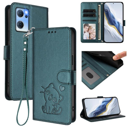 Embossed Heart Cat Leather Phone Case with Hand Strap, For OPPO Find X5 Pro, For OPPO Find X5, For OPPO Reno7 5G Global / Find X5 Lite