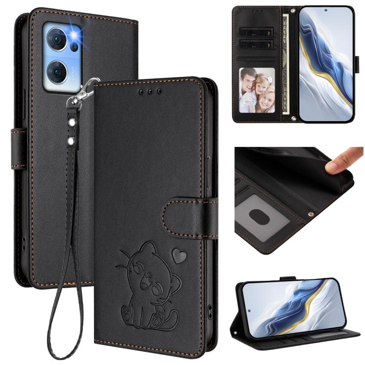 Embossed Heart Cat Leather Phone Case with Hand Strap, For OPPO Find X5 Pro, For OPPO Find X5, For OPPO Reno7 5G Global / Find X5 Lite