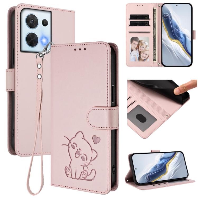 Embossed Heart Cat Leather Phone Case with Hand Strap, For OPPO Reno8 T 5G Global / A1 Pro 5G, For OPPO Reno8 4G / Reno7 4G Global, For OPPO A57 / A77 / A57s 4G Global, For OPPO Reno9 / Reno9 Pro 5G, For OPPO A17 4G Global / A17k                       ...