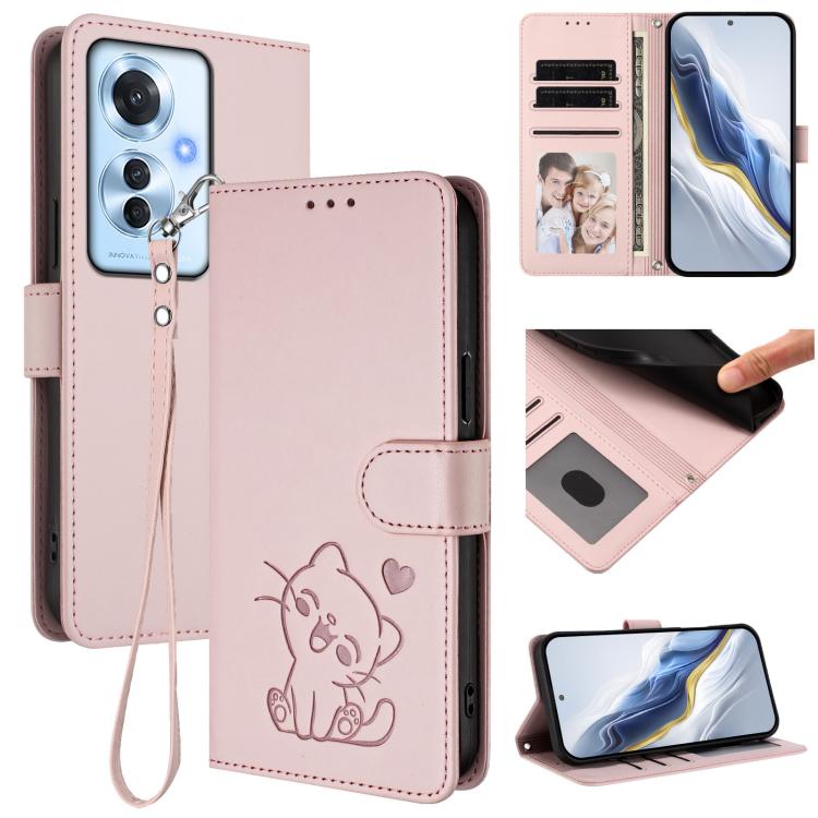 Embossed Heart Cat Leather Phone Case with Hand Strap, For OPPO A2 Pro 5G / F27 Pro 5G, For OPPO A60 4G Global, For OPPO Reno11 F 5G Global, For OPPO Find X7, For OPPO Reno11 5G Global, For OPPO Reno11 Pro 5G Global, For OPPO Find X7 Ultra             ...