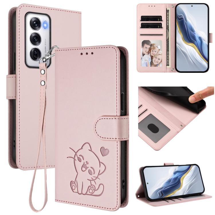 Embossed Heart Cat Leather Phone Case with Hand Strap, For OPPO Reno13 Pro 5G Global, For OPPO Reno13 5G Global, For OPPO Reno13 F 5G Global / 4G India, For OPPO A3x / A3 / A60 5G Global, For OPPO Find X8 5G, For OPPO A80 5G EU / K12x 5G Global        ...