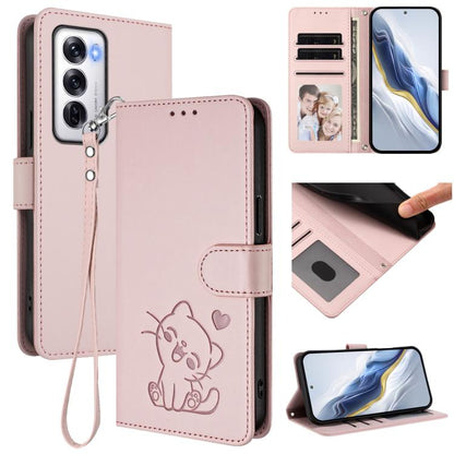 Embossed Heart Cat Leather Phone Case with Hand Strap, For OPPO Reno13 Pro 5G Global, For OPPO Reno13 5G Global, For OPPO Reno13 F 5G Global / 4G India, For OPPO A3x / A3 / A60 5G Global, For OPPO Find X8 5G, For OPPO A80 5G EU / K12x 5G Global        ...